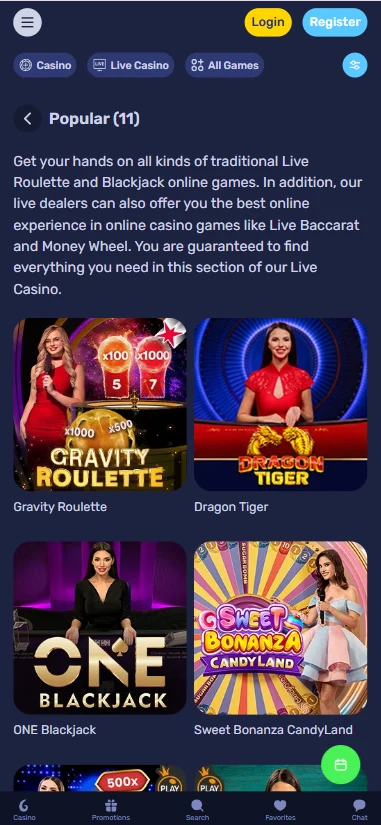 Galactic Wins live casino section open in a mobile browser