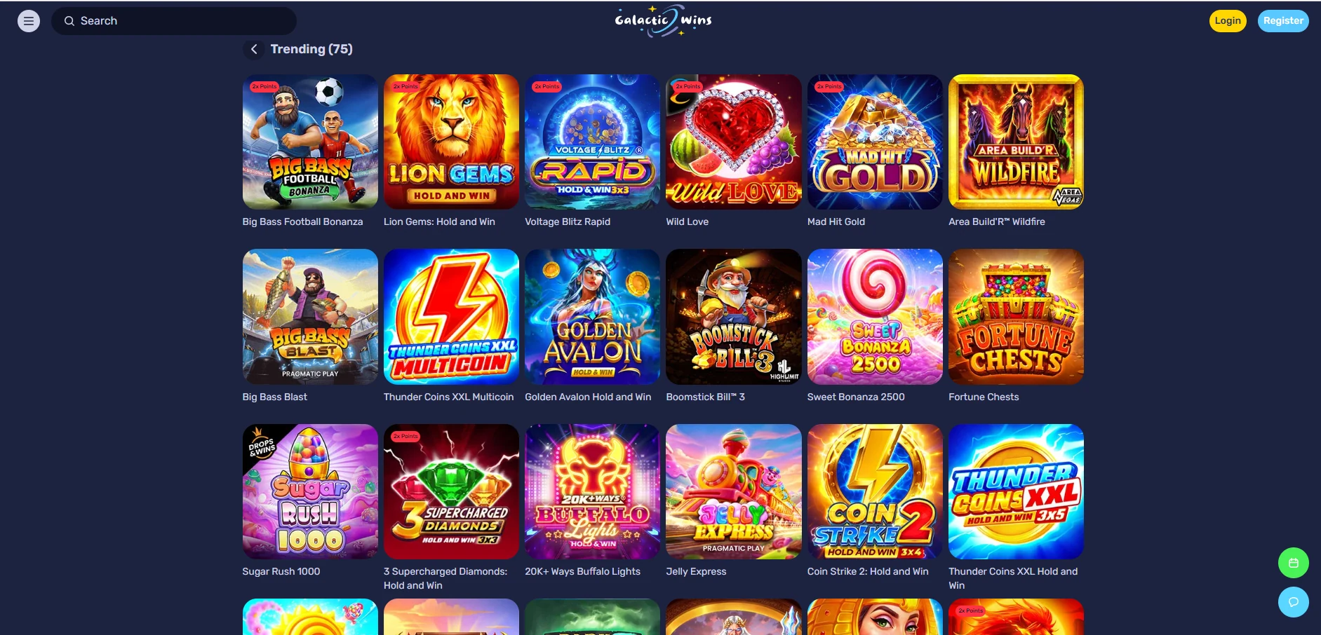 Trending pokies grid in the Galactic Wins lobby after signing in